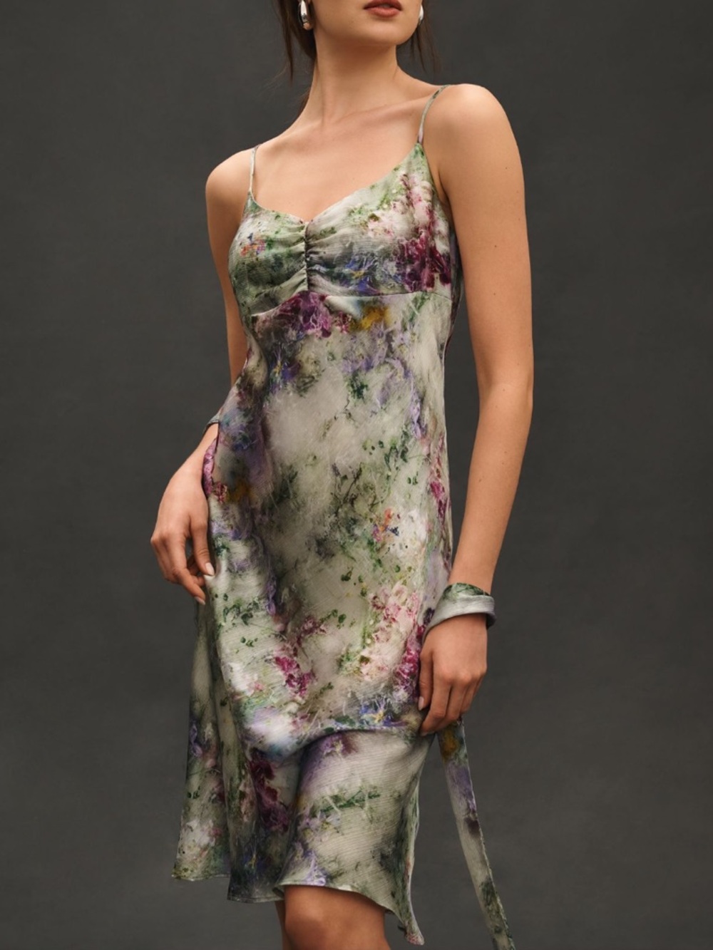 Anthropologie Floral-Print Midi Slip Dress in Green, Purple, White